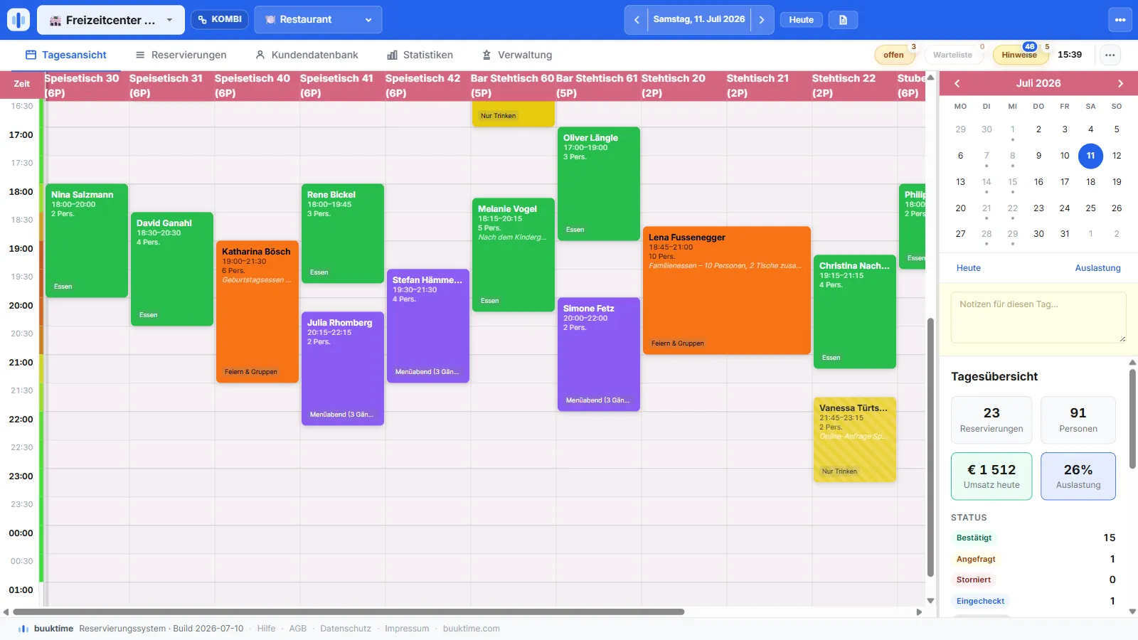 buuktime Betreiber-Kalender: echte Tagesansicht für Restaurant & Gastronomie