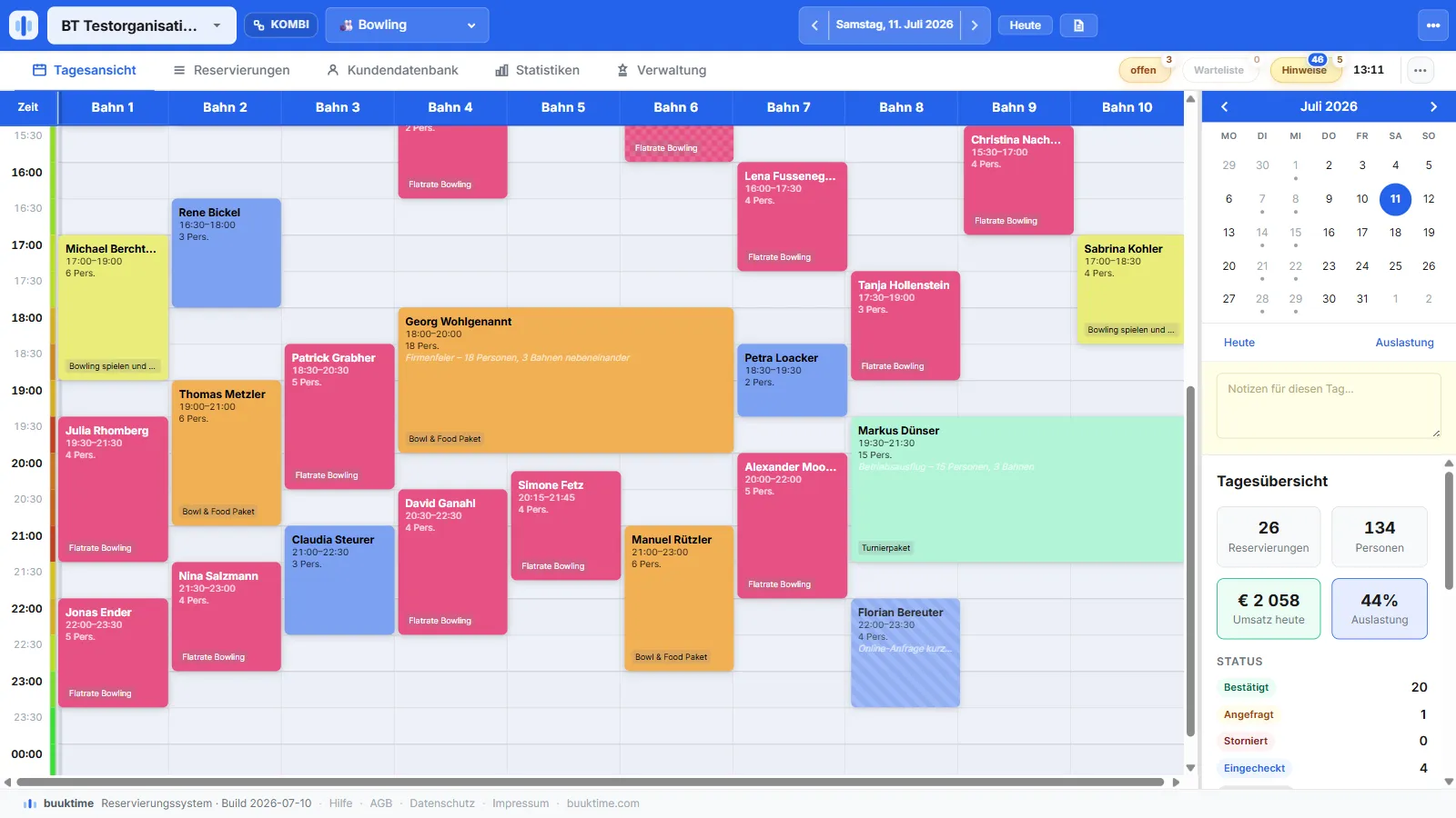 buuktime Betreiber-Kalender mit dem gefüllten Tag eines Freizeitbetriebs