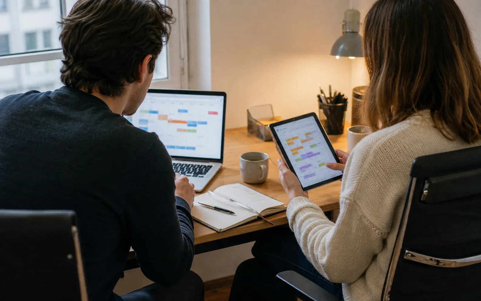 Zwei Personen betrachten gemeinsam einen digitalen Belegungsplan auf Laptop und Tablet. KI-generiertes Bild.